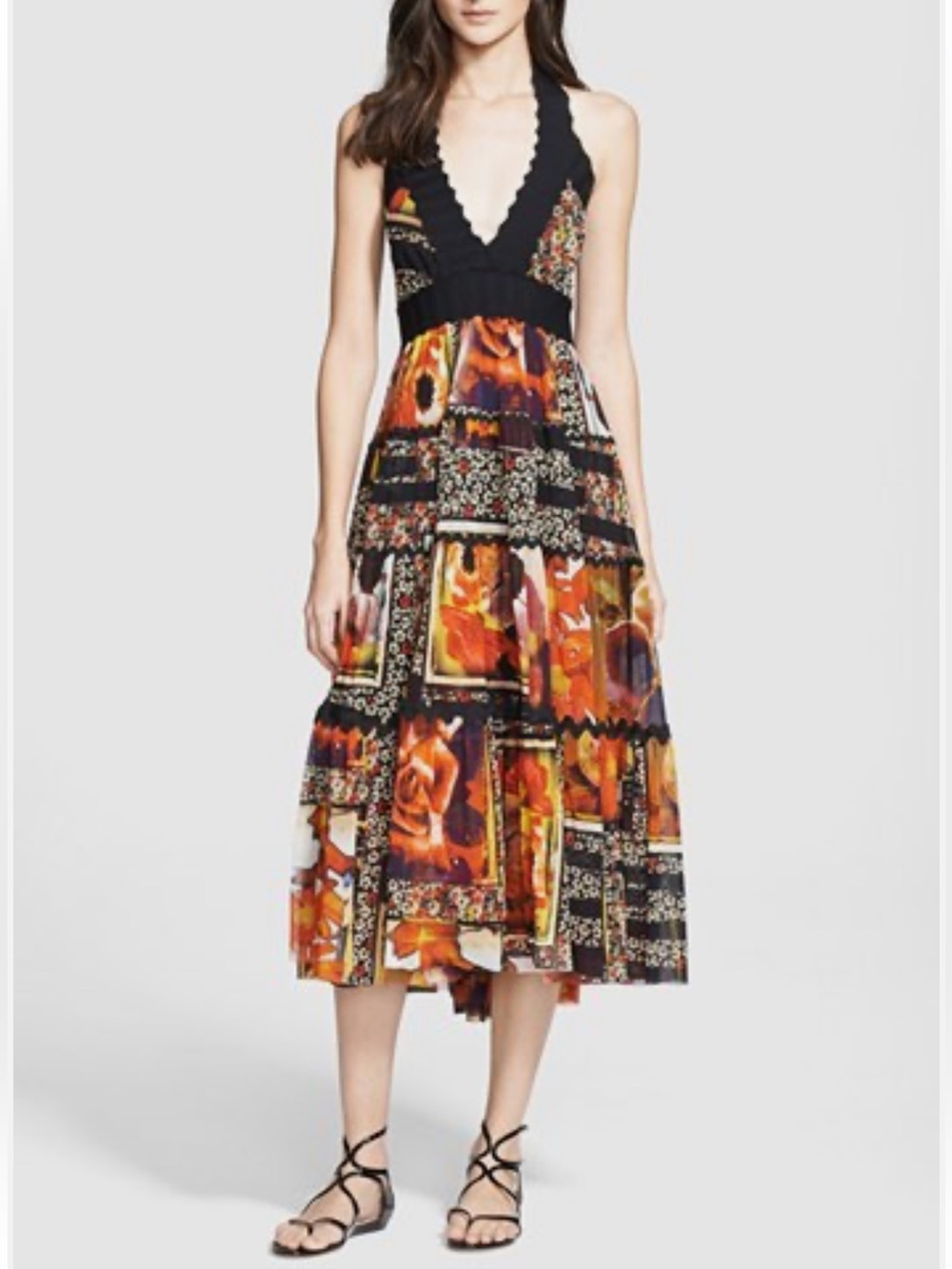 Jean Paul Gaultier Soleil Mesh Halter Dress Floral Patchwork Black & Orange XS
